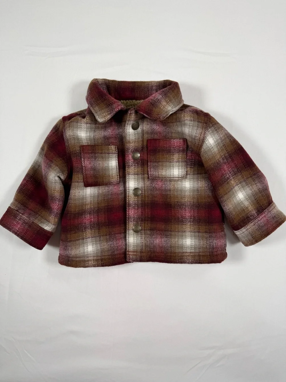 OLD NAVY Baby Sherpa Lined Plaid Shacket Burgundy Brown 3-6M Snap Front Jacket